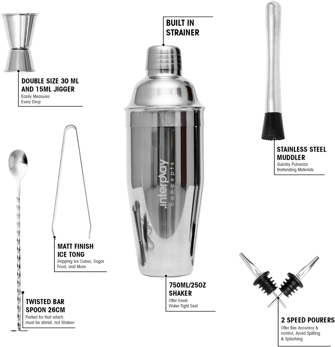 8-Piece Stainless Steel Cocktail Shaker Set - Interplay Concepts